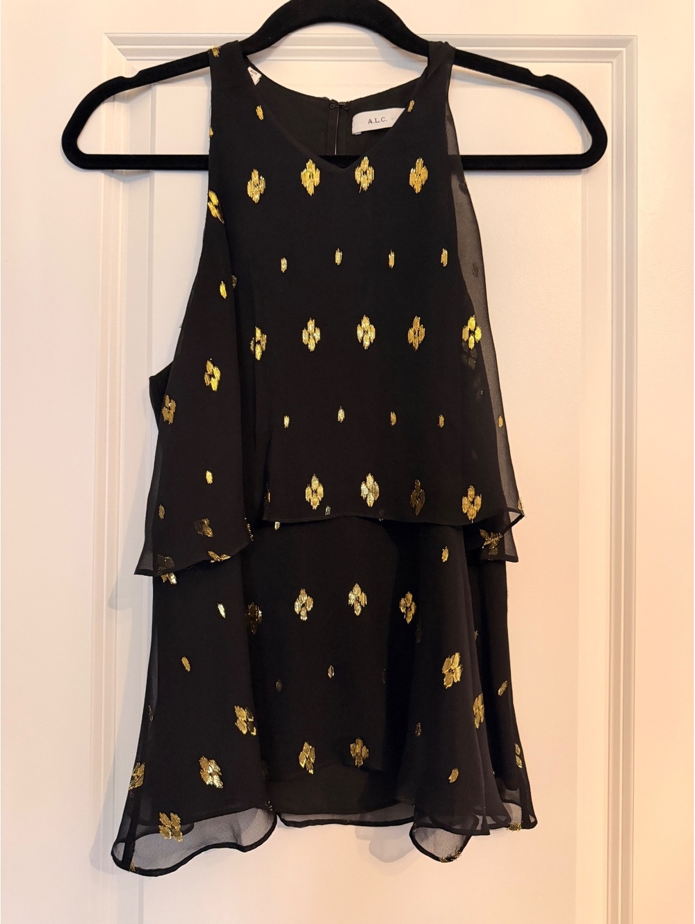 A.L.C. Black and Gold Sleeveless Embroidered Blouse Size 6